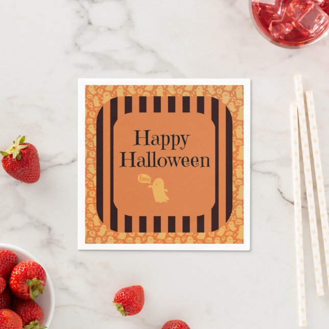 Cute Orange Black Ghost Happy Halloween Party Napkins (Insitu)