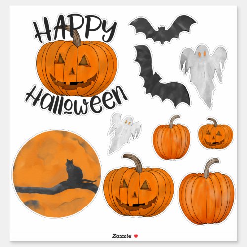 Cute Orange Black Halloween Bats Ghosts Pumpkin Sticker