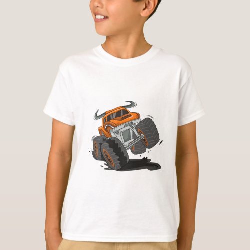 Cute Orange Black Monster Truck Kids T_Shirt