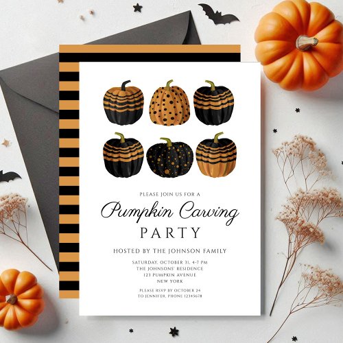 Cute Orange Black Pumpkin Carving Halloween Invitation