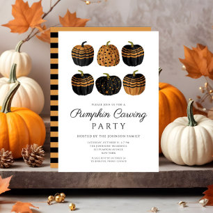 Cute Orange Black Pumpkin Carving Halloween Invitation