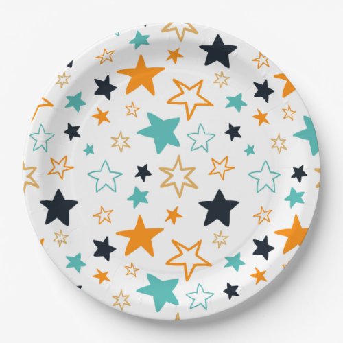 Cute Orange Black Teal Stars Pattern Kids Party Paper Plates
