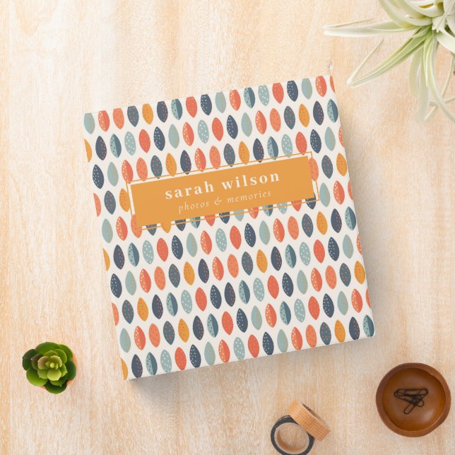 Cute Orange Blue Custom Leafy Botanical Pattern 3 Ring Binder (In Situ)