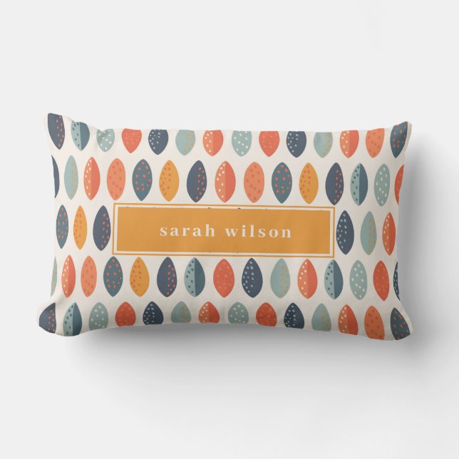 Cute Orange Blue Custom Leafy Botanical Pattern Lumbar Pillow (Front)