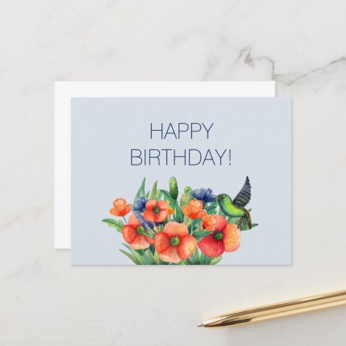 Cute Orange Blue Floral Hummingbird Birthday  Postcard