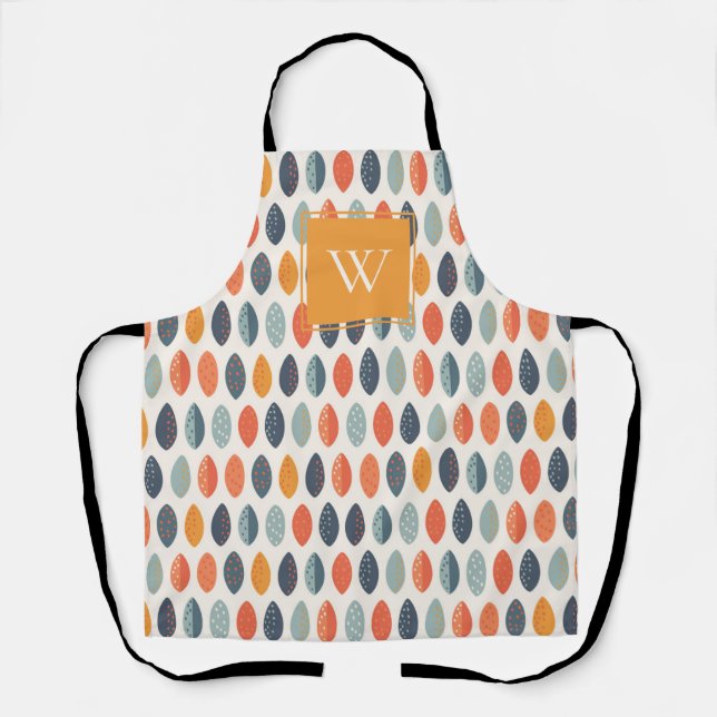 Cute Orange Blue Leafy Botanical Monogram Pattern Apron (Front)