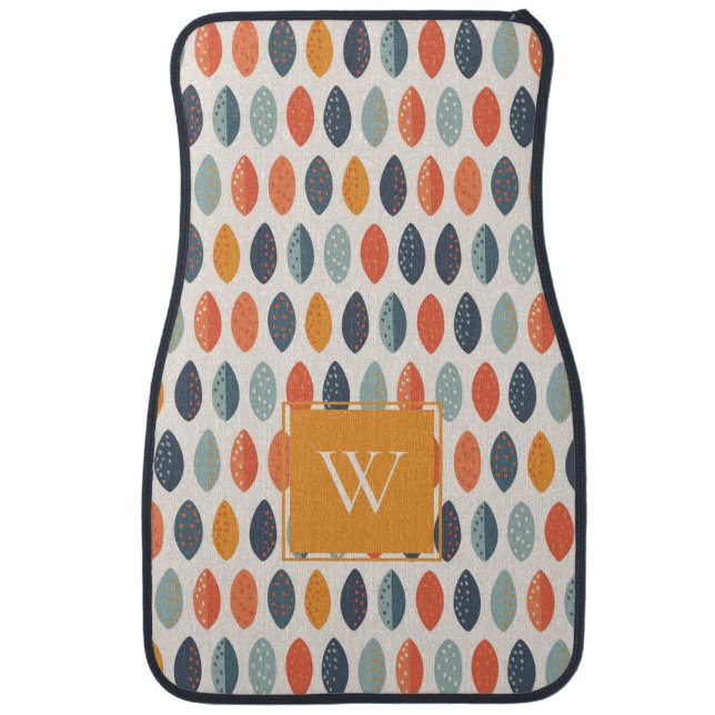 Cute Orange Blue Leafy Botanical Monogram Pattern Car Floor Mat (Front)