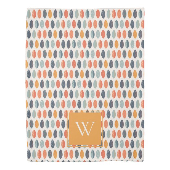 Cute Orange Blue Leafy Botanical Monogram Pattern Duvet Cover (Front)