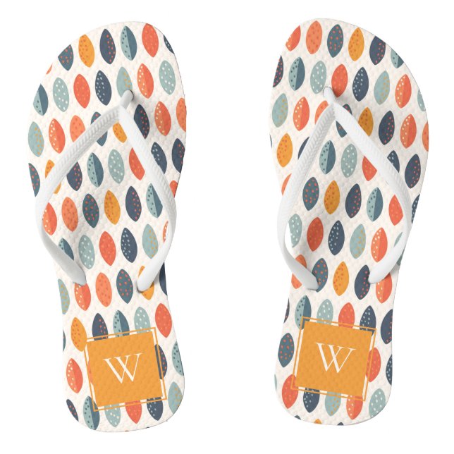 Cute Orange Blue Leafy Botanical Monogram Pattern Flip Flops (Footbed)