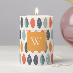 Cute Orange Blue Leafy Botanical Monogram Pattern Pillar Candle