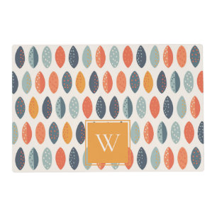 Cute Orange Blue Leafy Botanical Monogram Pattern Placemat