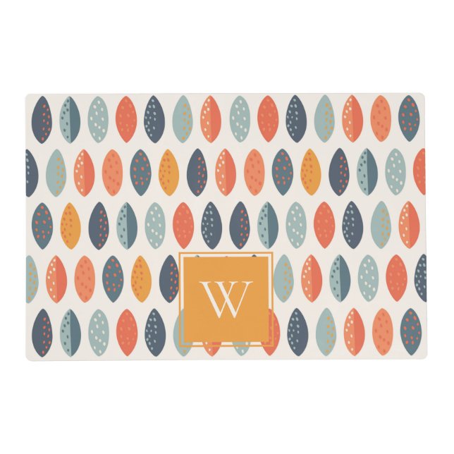 Cute Orange Blue Leafy Botanical Monogram Pattern Placemat (Front)