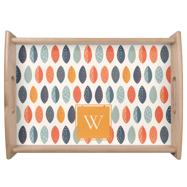 Cute Orange Blue Leafy Botanical Monogram Pattern Serving Tray (Front)