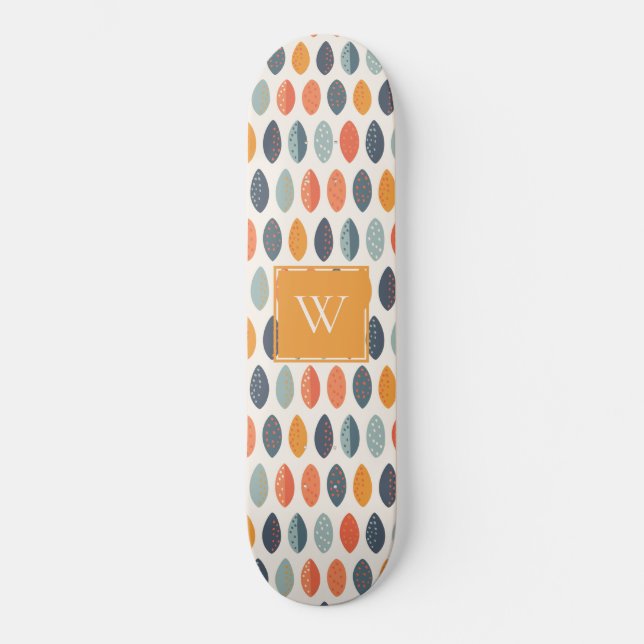 Cute Orange Blue Leafy Botanical Monogram Pattern Skateboard (Front)