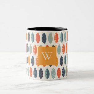 Cute Orange Blue Leafy Botanical Monogram Pattern Two-Tone Coffee Mug