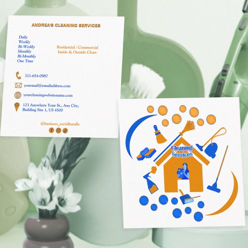 Cute Orange  Blue Professional Cleaning Services  Square Business Card