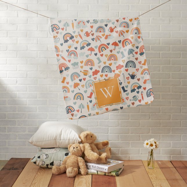 Cute Orange Blue Spring Rainbow Clouds Pattern Baby Blanket (In Situ)