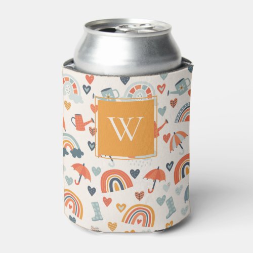 Cute Orange Blue Spring Rainbow Clouds Pattern Can Cooler