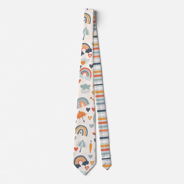 Cute Orange Blue Spring Rainbow Clouds Pattern Neck Tie (Front)