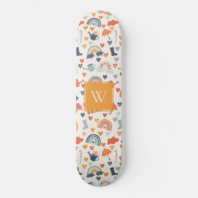Cute Orange Blue Spring Rainbow Clouds Pattern Skateboard (Front)