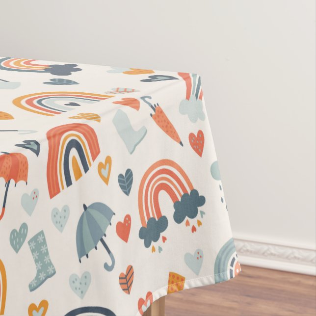 Cute Orange Blue Spring Rainbow Clouds Pattern Tablecloth (In Situ)