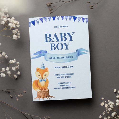 Cute Orange Blue Watercolor Fox Boy Baby Shower Invitation