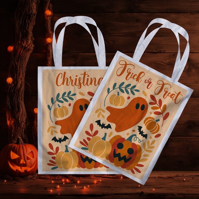 Cute Orange Boho Ghost Halloween Trick or Treat Grocery Bag (Creator Uploaded)