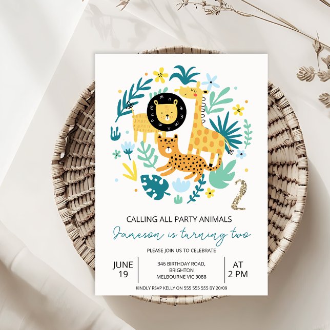 Cute Orange Calling All Party Animals 2nd Birthday Invitation (Safari Party Animals 2nd Birthday Invitation Template, Jungle Animals Two Wild 2nd Birthday Invite)