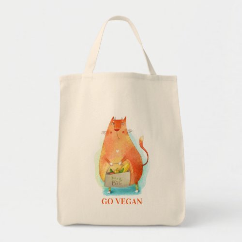 Cute Orange Cartoon Cat With Eco Bag Go Vegan
