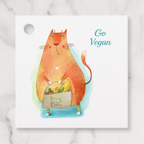 Cute Orange Cartoon Eco Cat Go Vegan Favor Tags
