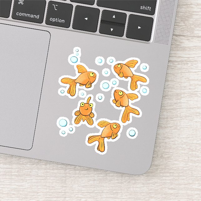 Cute orange cartoon goldfish with blue bubbles sticker (Detail)