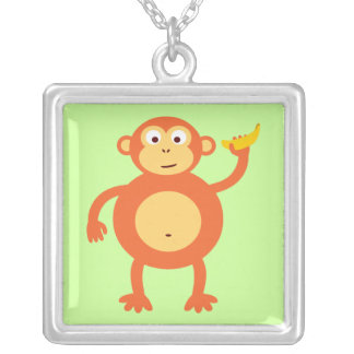 Cute Orange Cartoon Monkey Silver Plated Necklace