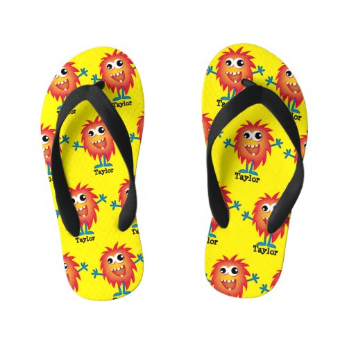 Cute Orange Cartoon Monster Funny Fun for Kids Kids Flip Flops