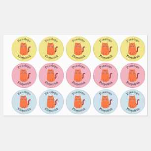 Cute Orange Cartoon Tabby Cat With Name Kids' Labels