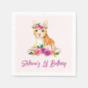 Cute Orange Cat and Purple Flowers Birthday Napkins