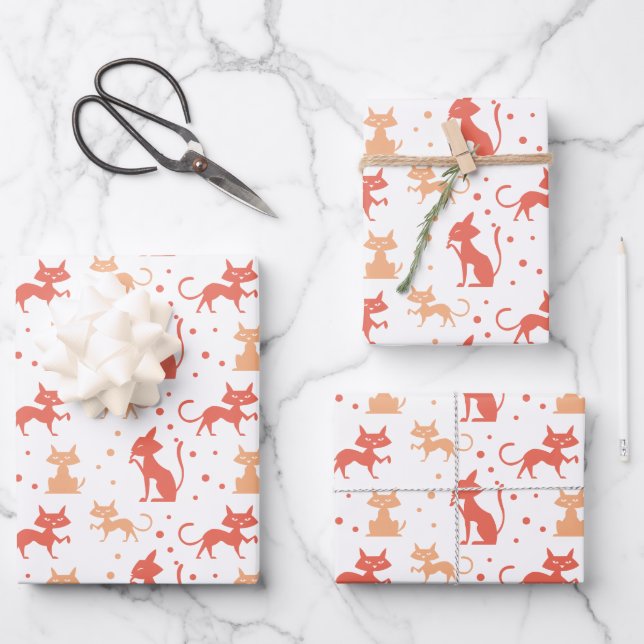 Cute Orange Cat and Star Pattern Wrapping Paper Sheets (Front)
