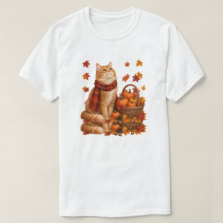 Cute Orange Cat Autumn Scarf Pumpkin Basket T-Shirt