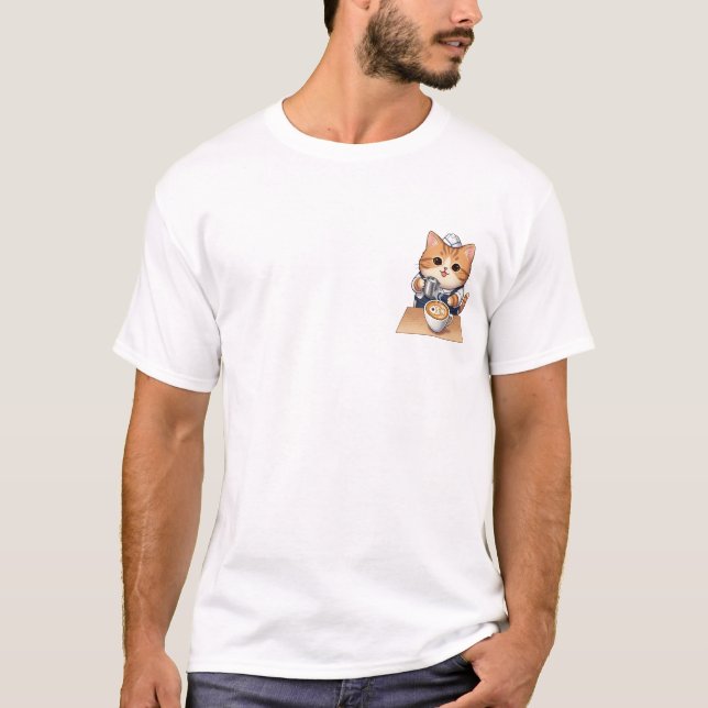 Cute Orange Cat Barista Making Fish Latte Art Cart T-Shirt (Front)