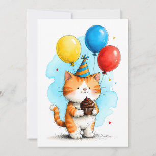 Cute Orange Cat, Cupcake Kid's Happy Birthday Flat Card