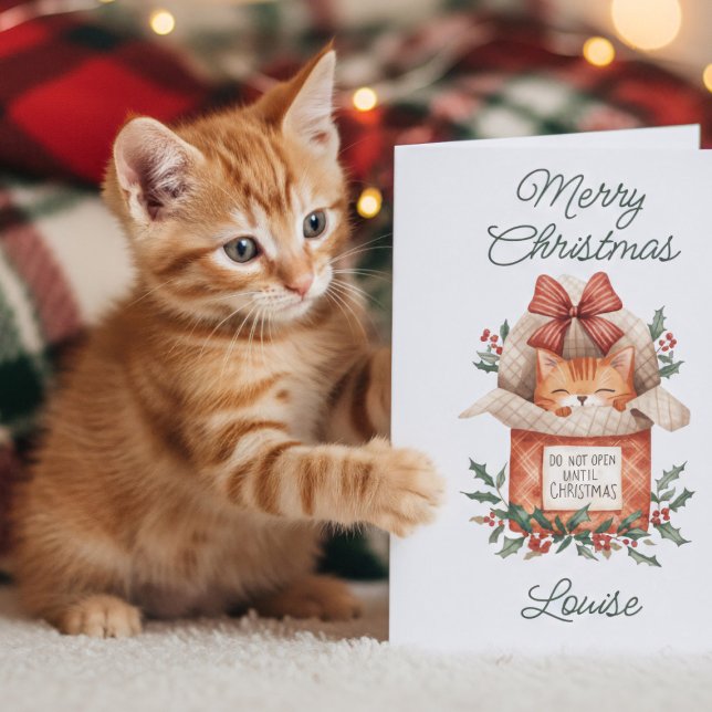 Cute Orange Cat Do Not Open Until Christmas Card (Delight your feline-loving friends with this unique ginger cat Christmas card.)