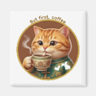 Cute Orange Cat Drinking Tea Coffee Magnet