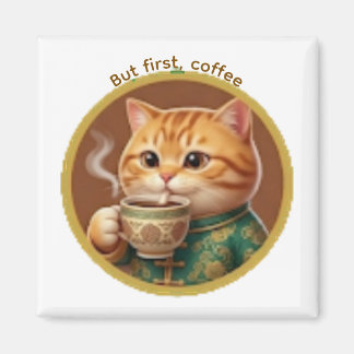Cute Orange Cat Drinking Tea Coffee Magnet