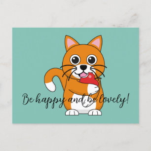 Cute Orange Cat Eating Apple Cartoon Add Text Holiday Postcard