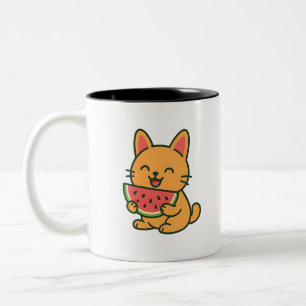 Cute Orange Cat Eating Watermelon Kawaii Cartoon Two-Tone Coffee Mug