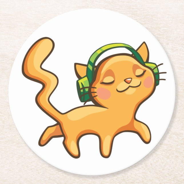  Cute Orange Cat Gift Headphones Funny Music Lover Round Paper Coaster (Front)
