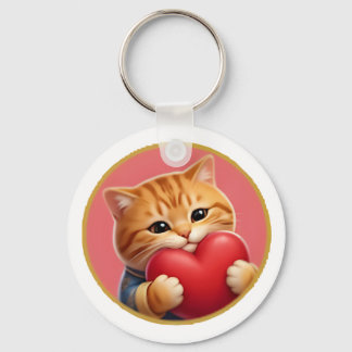Cute Orange Cat Hugging a Red Heart- Adorable Stic Keychain