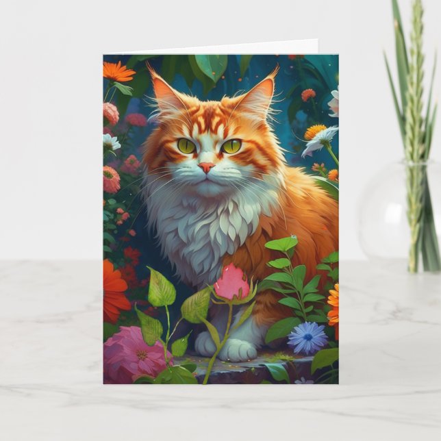 Cute Orange Cat in Colorful Flowers Birthday Card (Front)