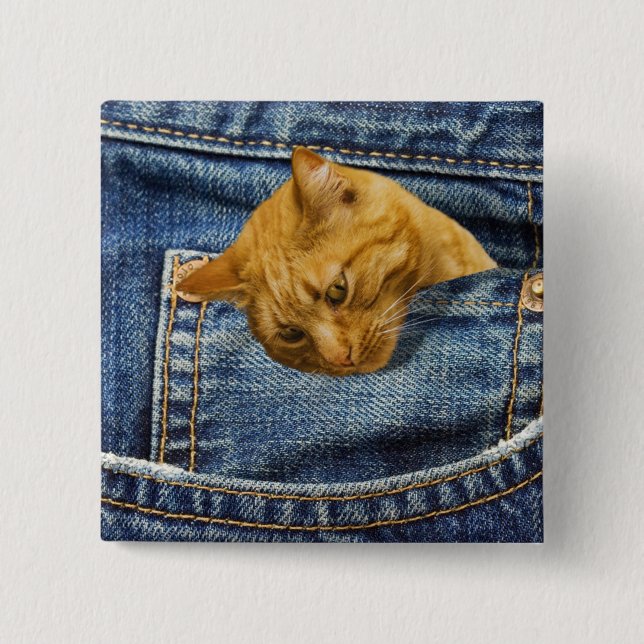 Cute Orange Cat in Denim Pocket Funny Animal Gift Button (Front)