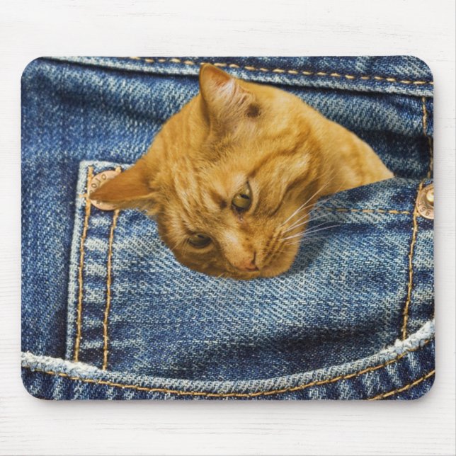 Cute Orange Cat in Denim Pocket Funny Animal Gift Mouse Pad (Front)