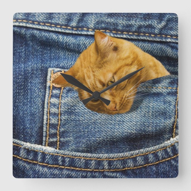 Cute Orange Cat in Denim Pocket Funny Animal Gift Square Wall Clock (Front)